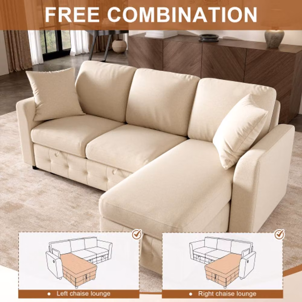 Merax L-Shaped Pull-Out Sofa Bed with Reversible Storage Chaise and USB Charging, Beige – 3