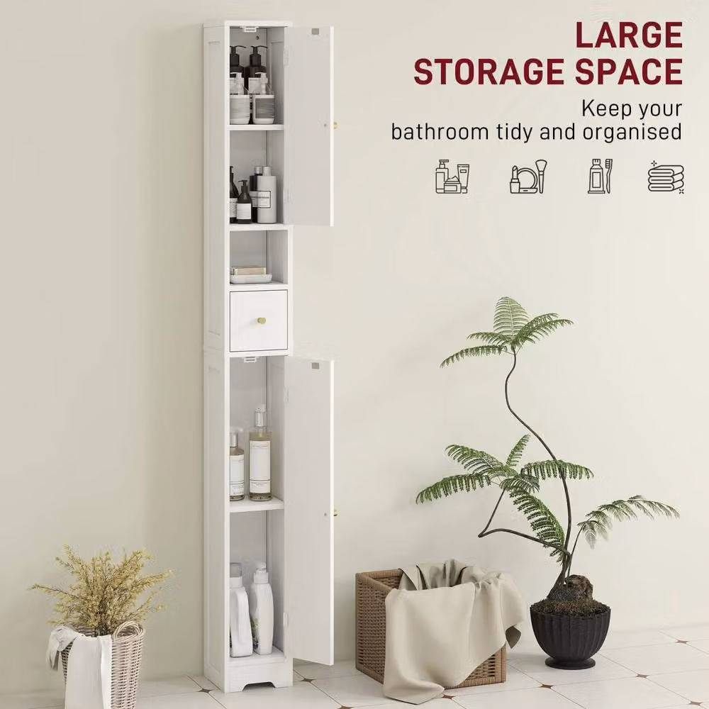 Wyld Haus White Modern Bathroom Storage Cabinet with Gold Details and Internal Shelves and Drawers, Height: 185 cm – 3