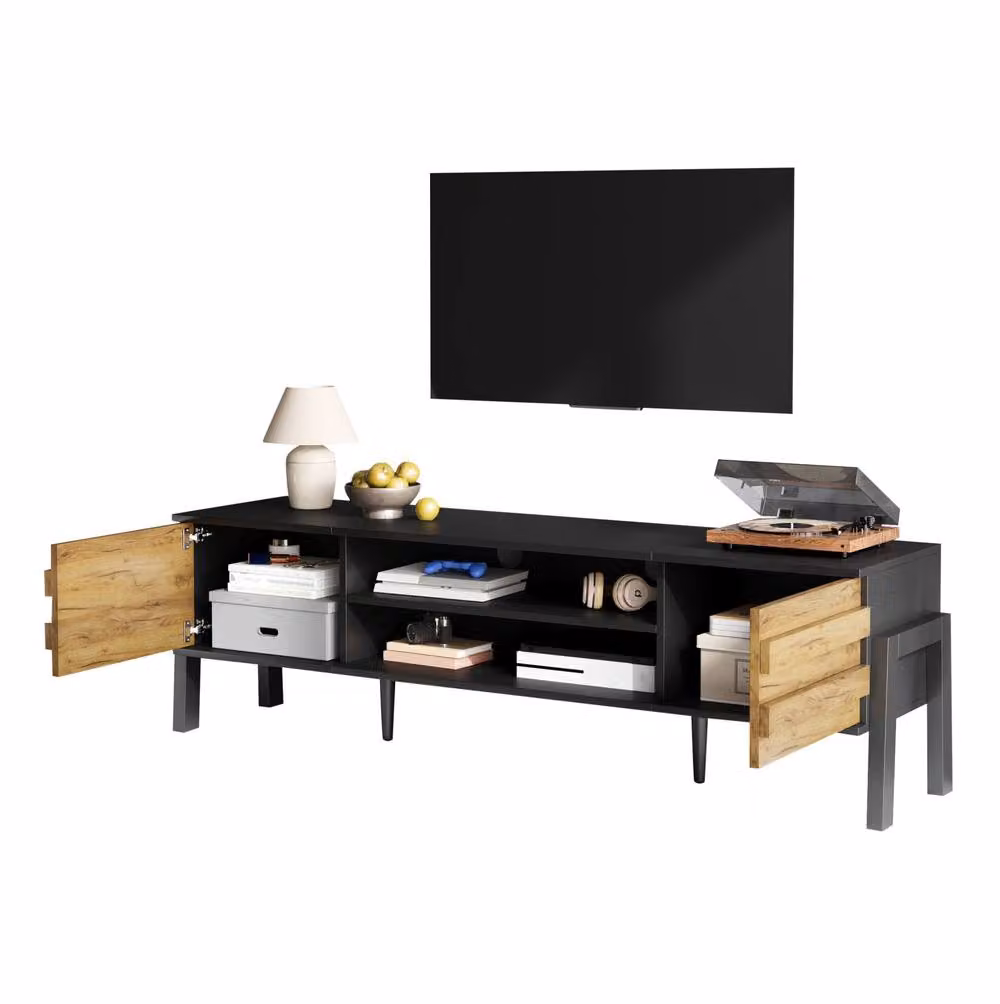 STILVORA Natural and Black TV Stand for 70 Inch TVs with 2 Doors – 4