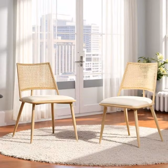 FURNITURE ONE Set of 2 Mid-Century Dining Chairs with Fabric Upholstery and Oak Wood and Metal Frame in Beige and Brown – 1