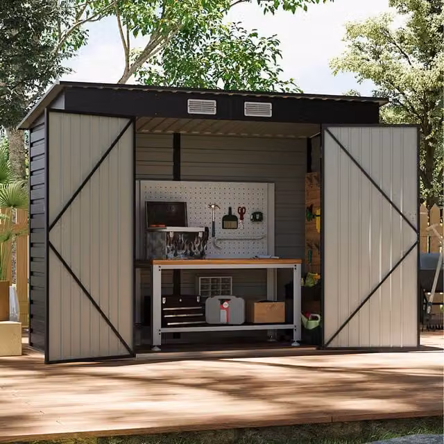Livingandhome Pent Metal Garden Shed in Anthracite Black with Lockable Door and Side Vent