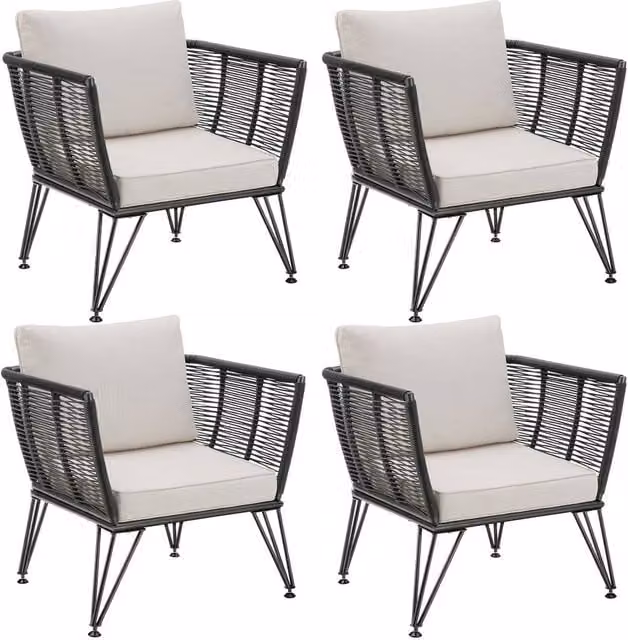 tectake Sundo Garden Chair Set for 4 People in Grey and Black with Rattan and Steel Frame