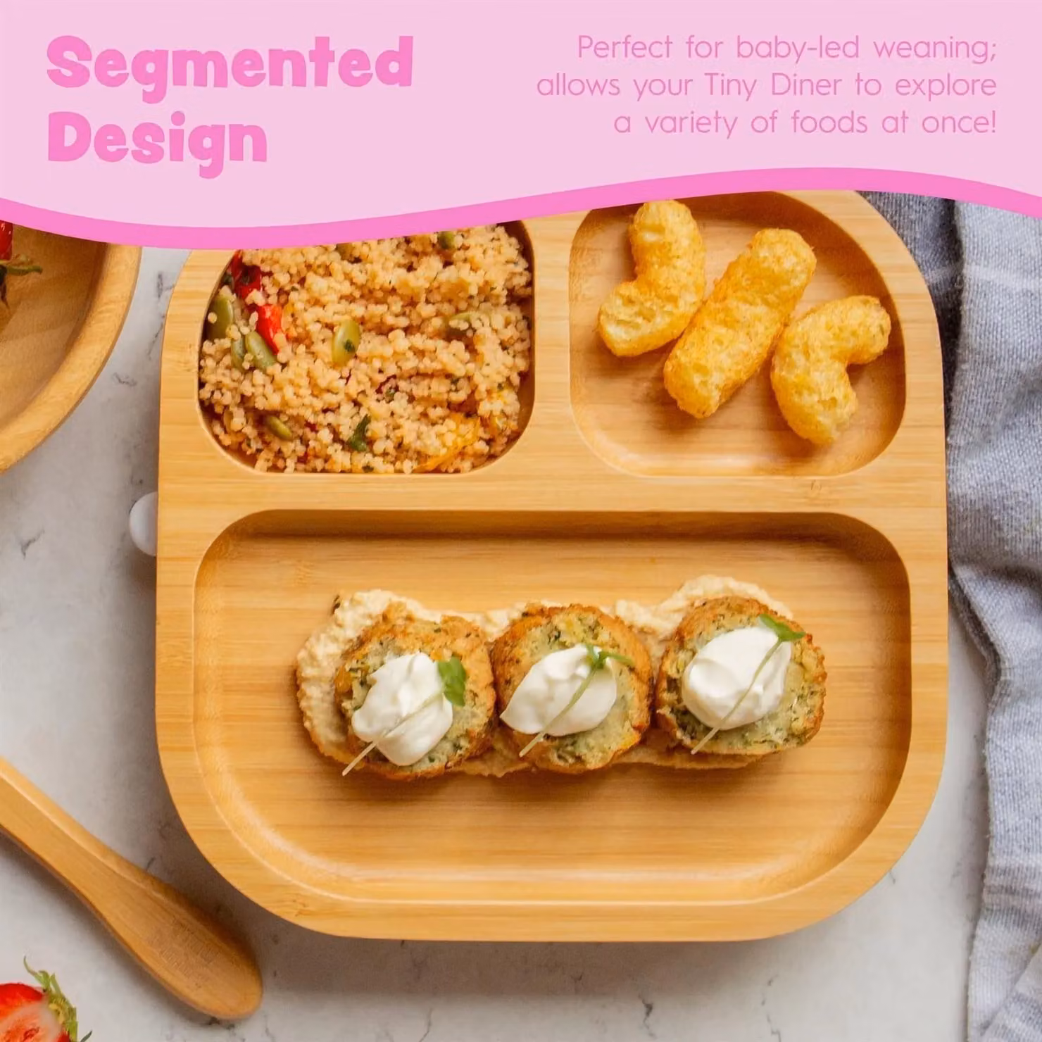 Tiny Dining Bamboo Segmented Baby Weaning Plate and Fork Set in Beige – 2