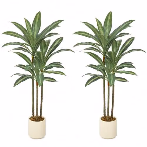 HOMCOM Set of 2 Artificial Dracaena Trees with Bendable Trunks, Green and White, Height: 90 cm – 1