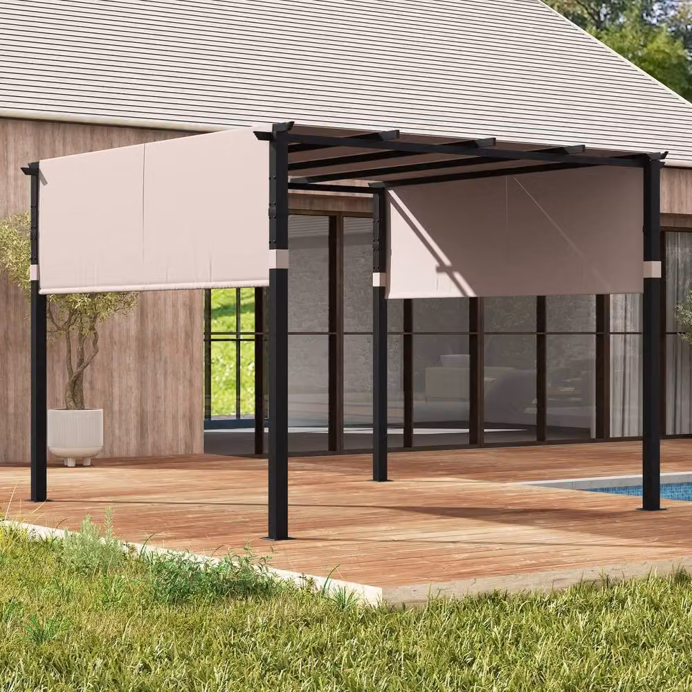 Costway Flat Top Outdoor Pergola with Retractable Canopy in Beige, W/D: 305 x 305 cm, H: 215 cm – 4