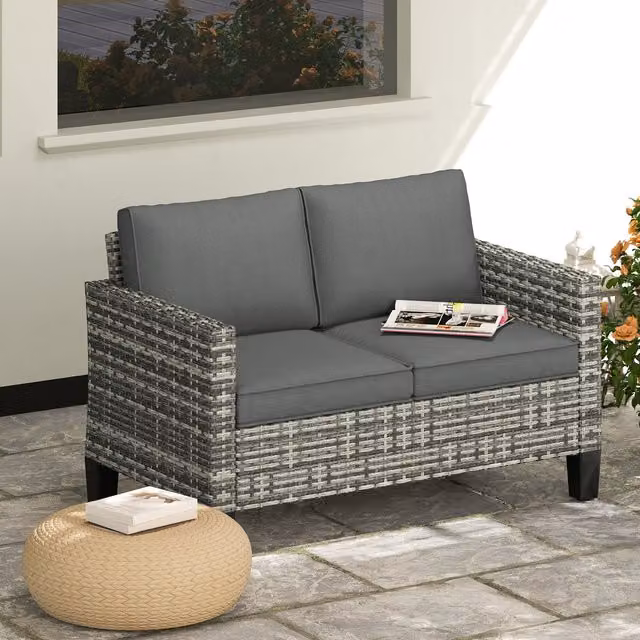 Outsunny Modern Rattan Garden Sofa with Cushions in Light Grey