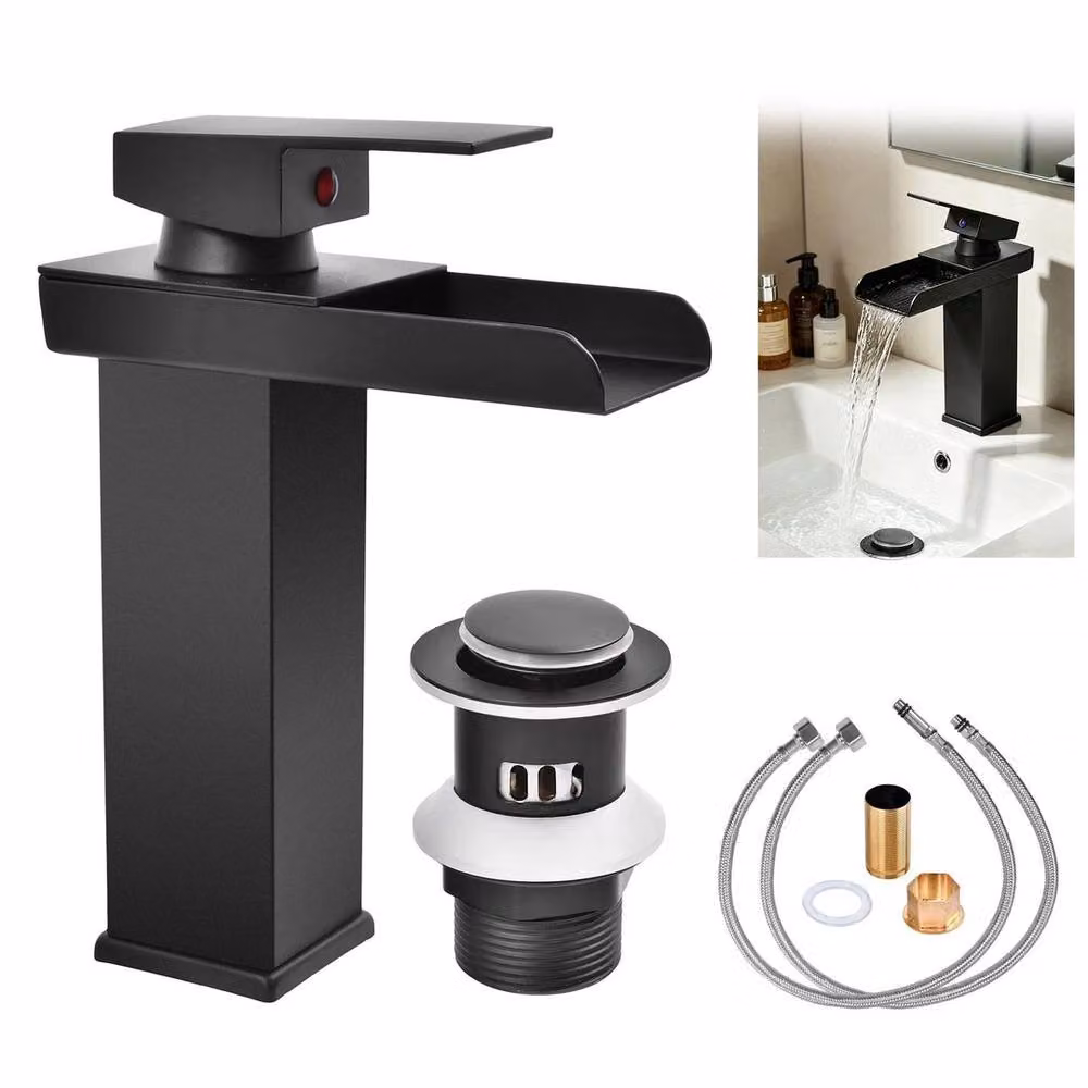 KORVIXA Matt Black Single Lever Square Waterfall Cloakroom Basin Mixer Tap – 2