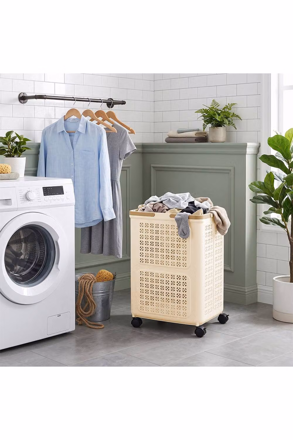 Living and Home Collapsible Laundry Basket with Wheels and Handles in Beige – 2