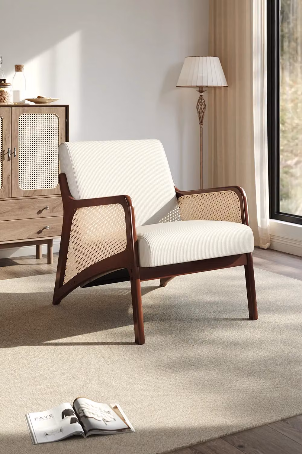 H&O Direct Beige Corduroy Upholstered Mid-Century Armchair with Rattan Armrests – 2