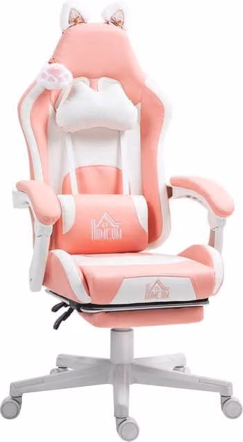 Rolipo Pink Cat Ear and Paw Reclining Gaming Office Chair with Footrest and Headrest – 1