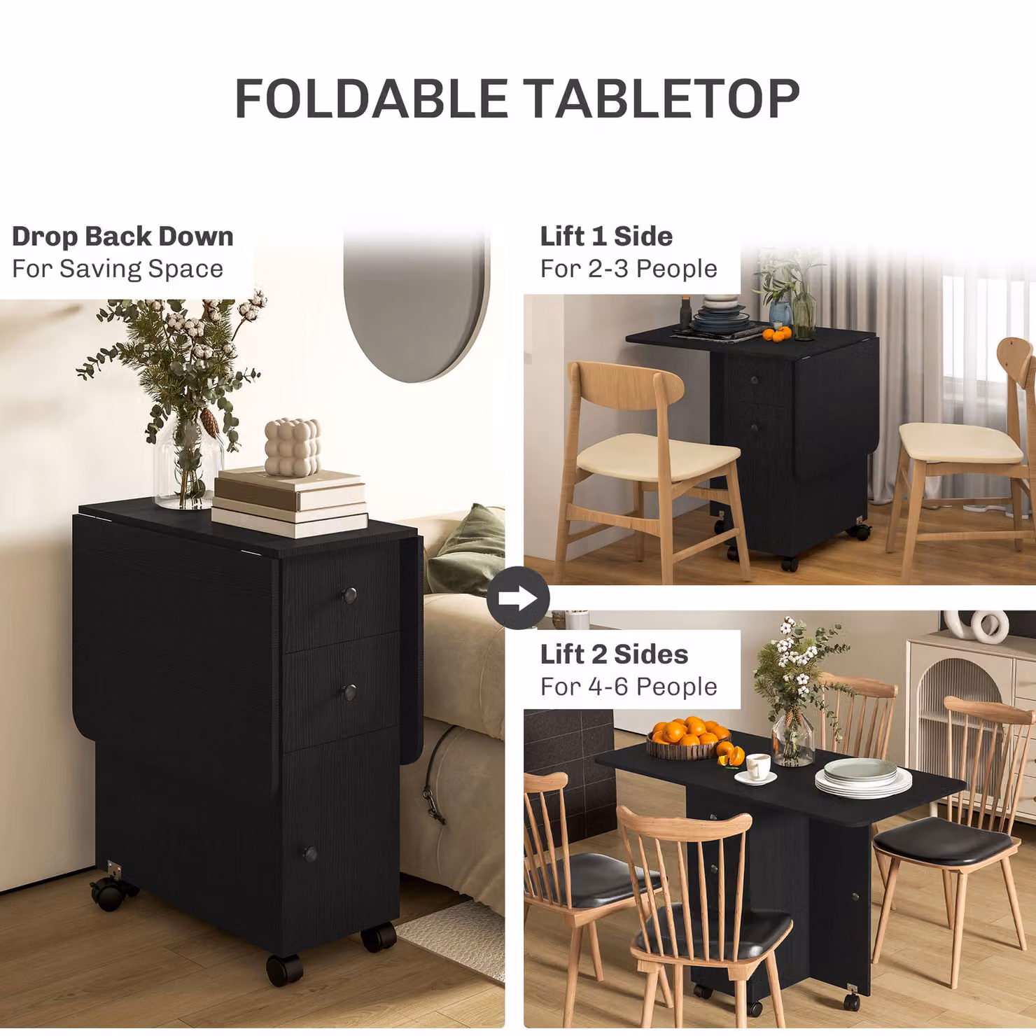 HOMCOM Multi-Storage Six-Person Drop Leaf Dining Table in Distressed Black – 5