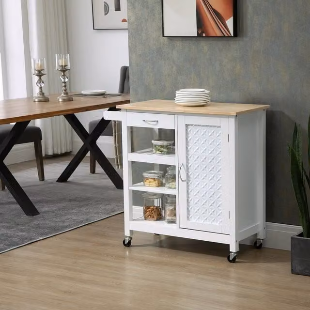 HOMCOM Modern White Kitchen Cart on Wheels with Embossed Door Panel