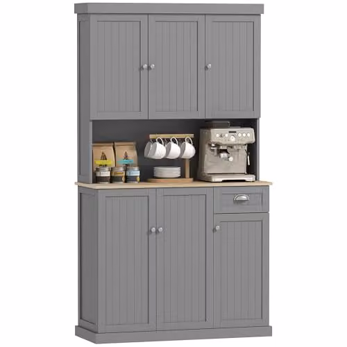 HOMCOM Grey Tall Kitchen Cupboard with 6 Hinged Doors and Drawers, H 180 x W 101 x D 42.8 cm
