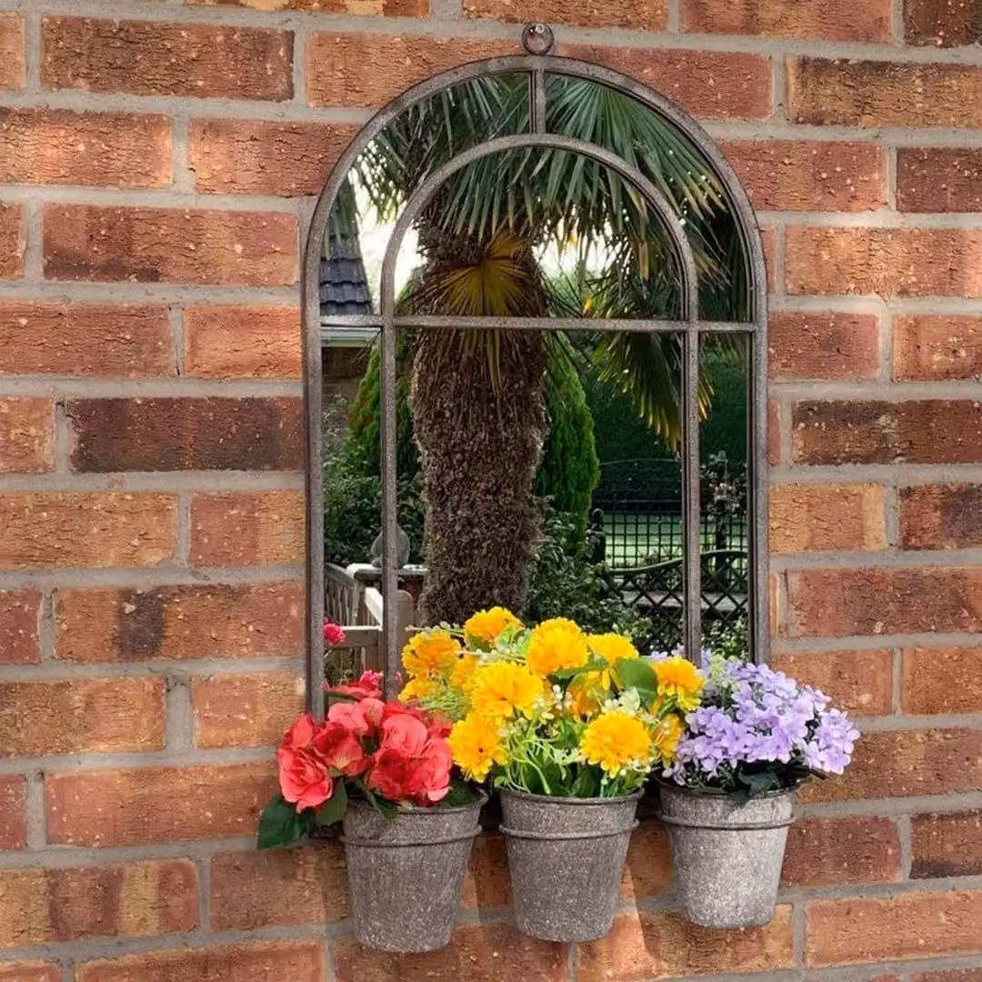 Minster Wall Mirror with Triple Planter in Grey Distressed Metal, W: 45 cm, D: 15 cm, H: 78 cm – 4