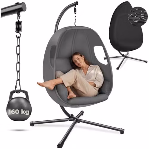 tectake Hanging Egg Chair with Steel Stand and Thick Cushions in Anthracite Grey – 1