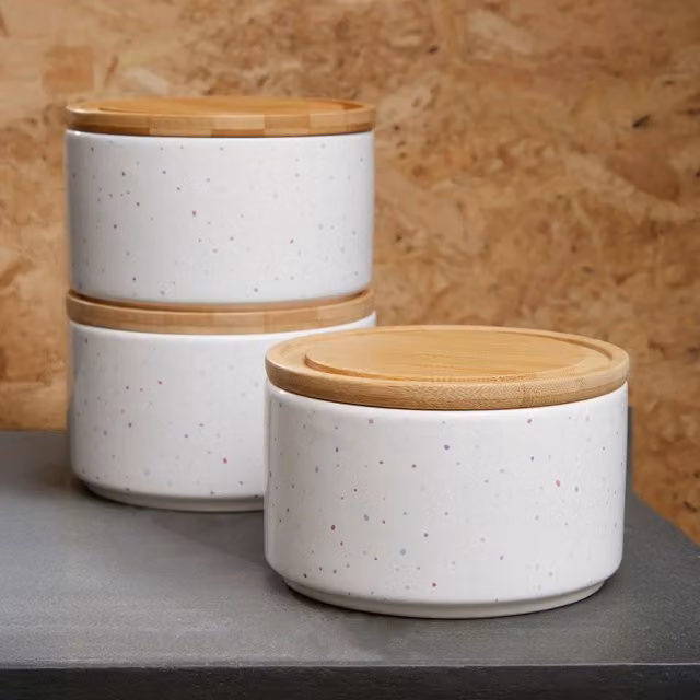 Orsina Fenwick Set of 3 Stackable White Stoneware and Bamboo Canisters – 2