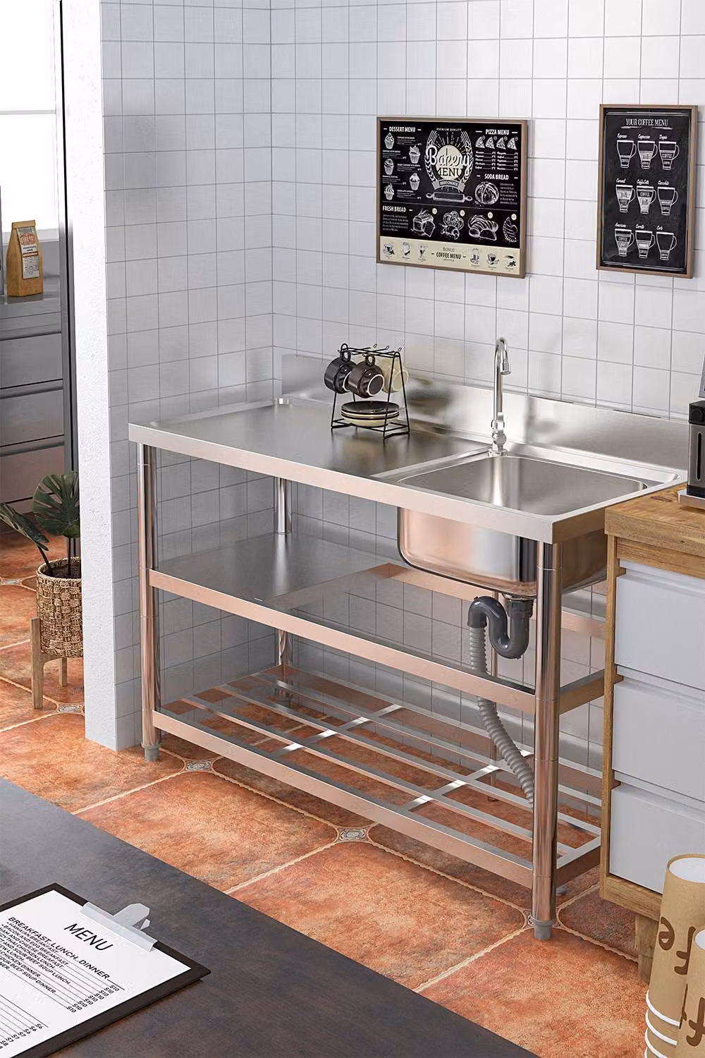 Living and Home Multifunctional Stainless-Steel Kitchen Sink with Shelves, Silver, W/D/H: 120 x 50 x 89.5 cm – 2