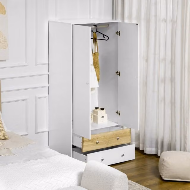 HOMCOM Modern White 2 Door Wardrobe with Drawers and Hanging Rod