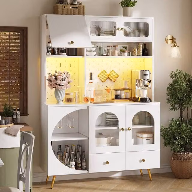 Merax Modern White Kitchen Dresser Tall Unit with LED Lighting, Perforated Wall, Power Outlets and Glass Doors, W/D/H: 120 x 40 x 176 cm – 1