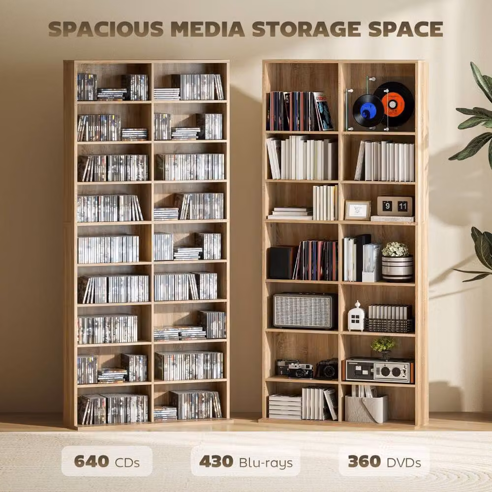 Wyld Haus Karave Wood Tall Media Storage Tower in Natural Brown with 640 Disc Capacity, H 175 x W 32 x D 78.5 cm – 4
