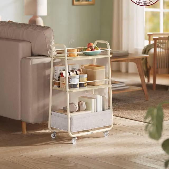 VASAGLE Brown Storage Trolley with Fabric Basket