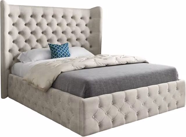 KDMD Dreamer Wide Winged Upholstered Soft Velvet Designer Bed Frame in Beige, W/D/H: 159 x 120 x 137 cm