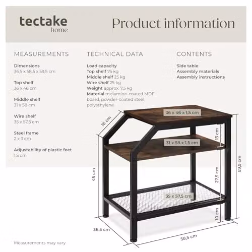 tectake 3-Tier Industrial Style Side Table with Black Metal Frame and Brown MDF Tiers, W/D/H: 58.5 x 36.5 x 59.5 cm – 3