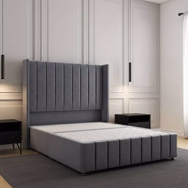 Regional Furnishings King Size Upholstered Velvet Divan Bed in Grey, W/D/H: 180 x 200 cm