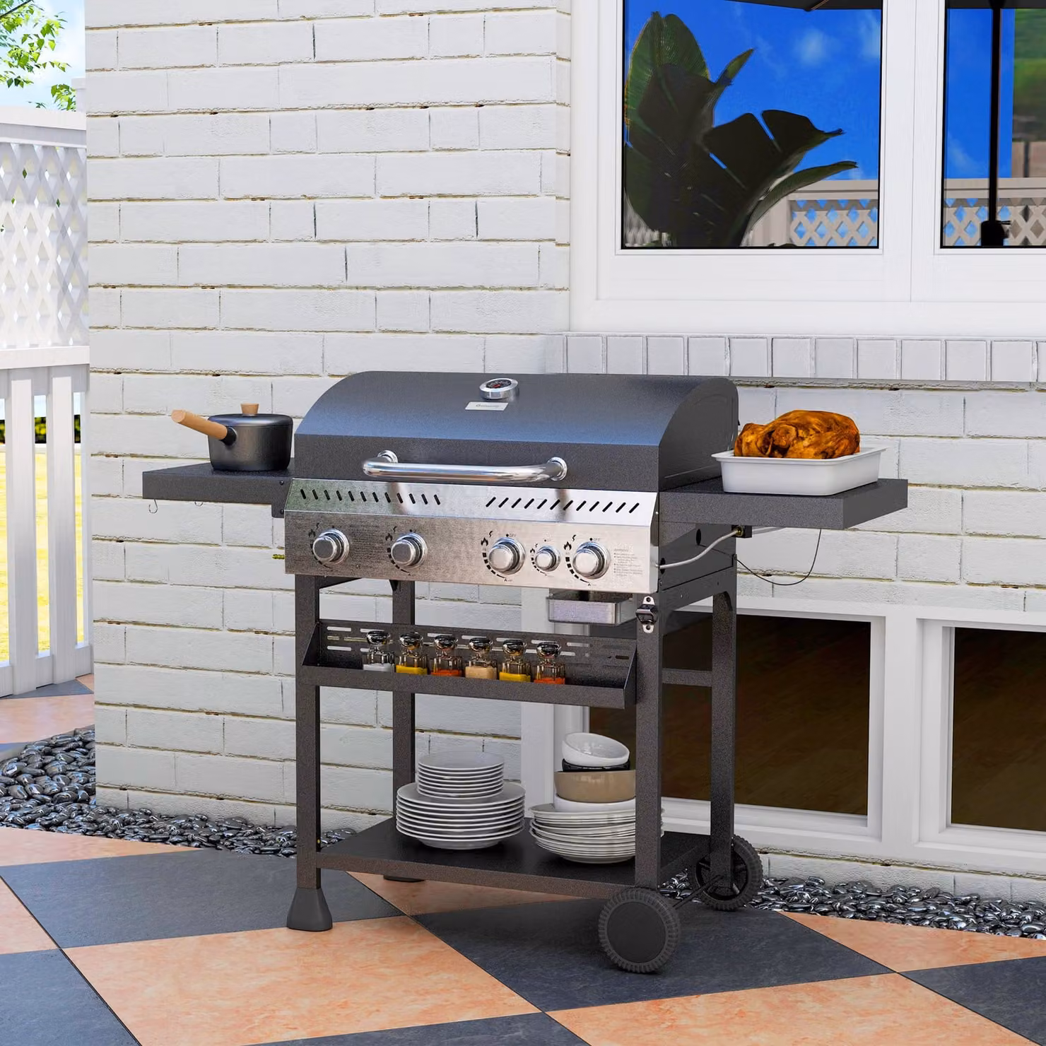 Outsunny Galvanised Steel 4+1 Gas Burner BBQ Grill Trolley with Side Burner and Warming Rack, Black – 9