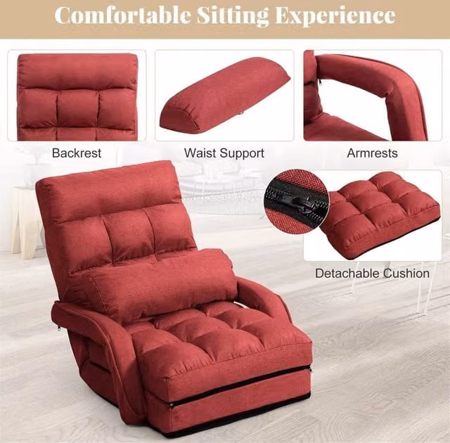 NESTLUNE Red Fabric Chaise Lounge Chair with Adjustable Headrest and Armrests