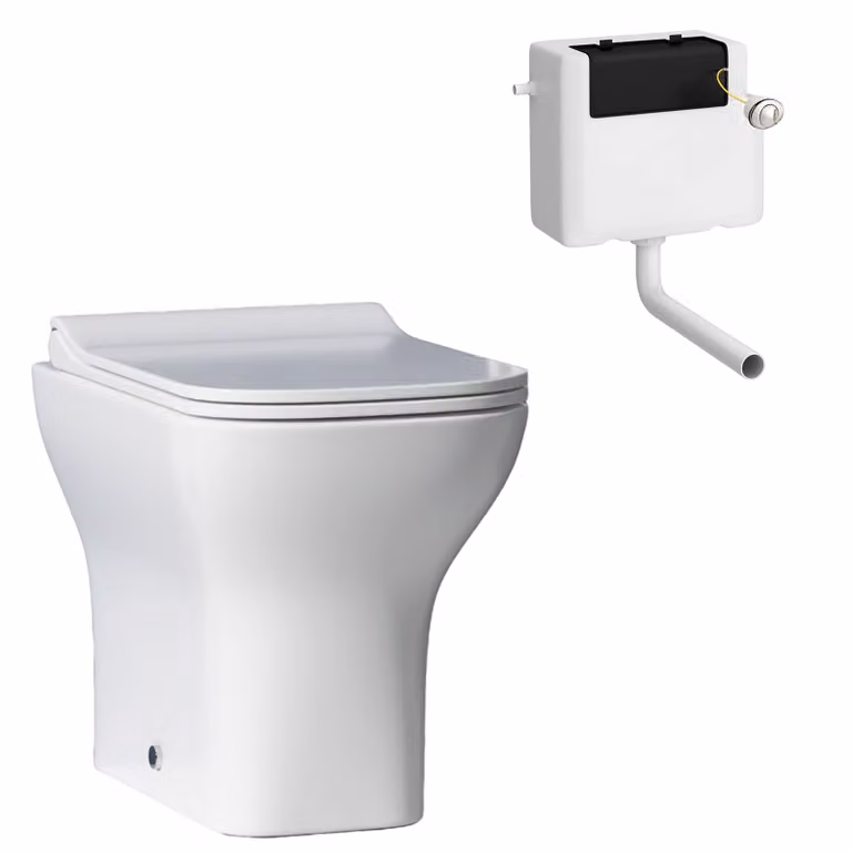 Royal Bathrooms Qubix Short Projection Back to Wall Toilet Pan and Slim Soft Close Seat with Concealed Cistern, White, Ceramic, Rimless