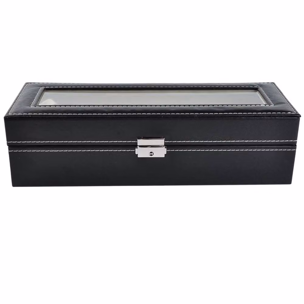 Nordara 6 Slot Watch Storage Box and Jewelry Organiser in Black with Leather and Glass Finish – 5
