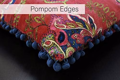 Riva Paoletti Malisa Square Paisley Print Cushion in Red and Blue with Pompom Edges, W/D/H: 50 x 50 x 50 cm – 4