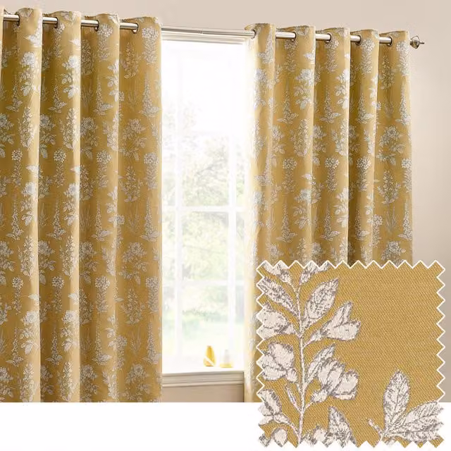 Wylder Nature Sophia Floral Jacquard Room Darkening Eyelet Curtains in Gold, Width: 168 cm, Drop: 137 cm – 1