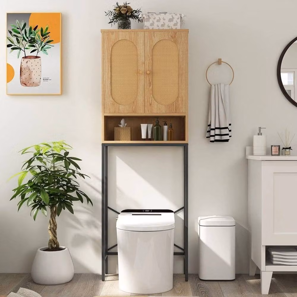VOGREX Freestanding Rattan Over Toilet Storage Cabinet in Beige – 2