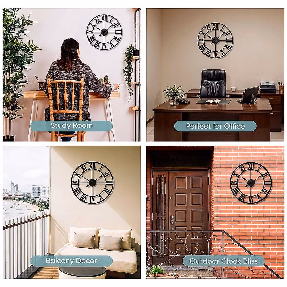 YnysTec Large Skeleton Metal Wall Clock with Roman Numerals in Black, Diameter: 60 cm – 6