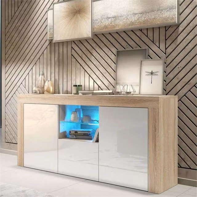 FORGEVIO Modern Oak and White Gloss TV Unit Cabinet with Integrated Lighting