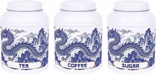 Purely Home Dragon Temple Coffee Canister with Domed Lid, Blue and White Metal Kitchen Storage Tin
