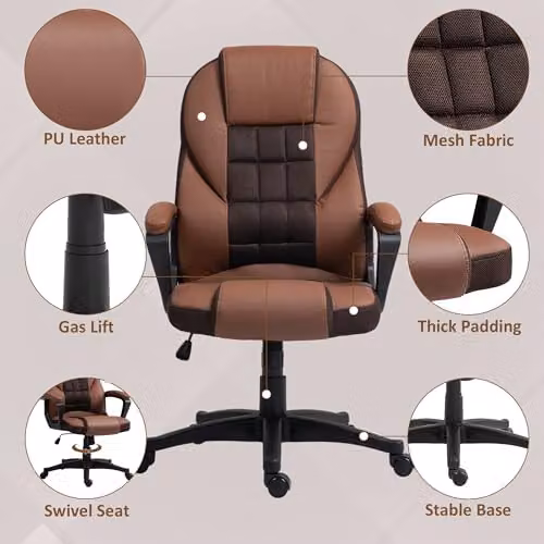 HOMCOM Executive Office Chair in Brown Synthetic Leather with High Back, Armrests and Headrest, Swivel W/D/H: 65 x 69 x 120 cm – 4