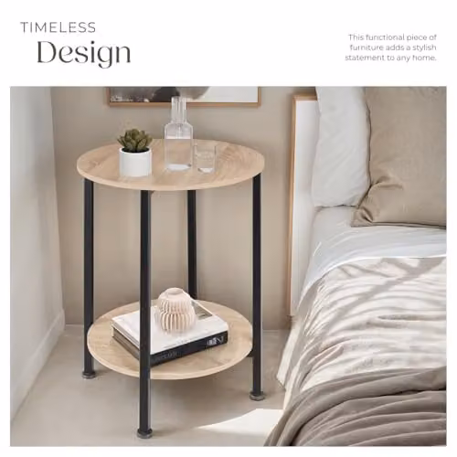 tectake Ballina Bedside Table in Light Oak with Black Metal Frame, Diameter: 45 cm, Height: 64 cm – 3