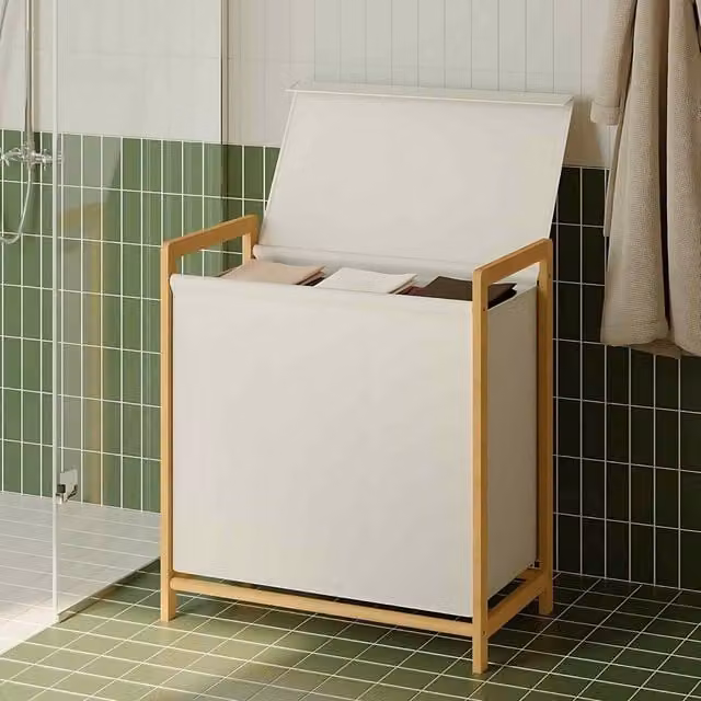 The Bazaarist 3 Compartment Bamboo Laundry Hamper with Lid and Removable Bags in White