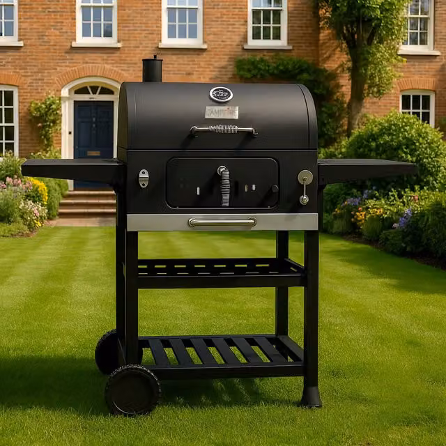 Campfire Charcoal BBQ Grill with Two Side Tables and Thermometer - Black