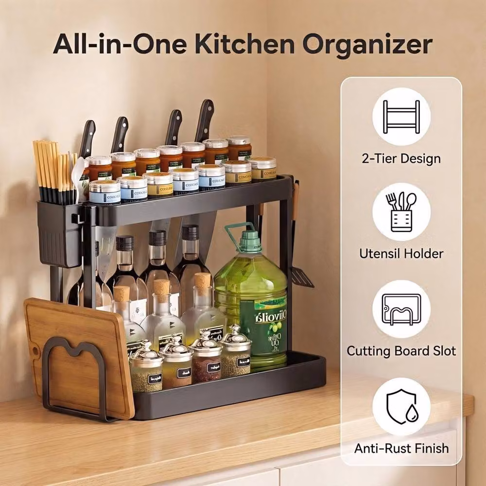 FORGEVIO Black 2 Tier Metal Spice Rack Organiser with Chopping Board – 4