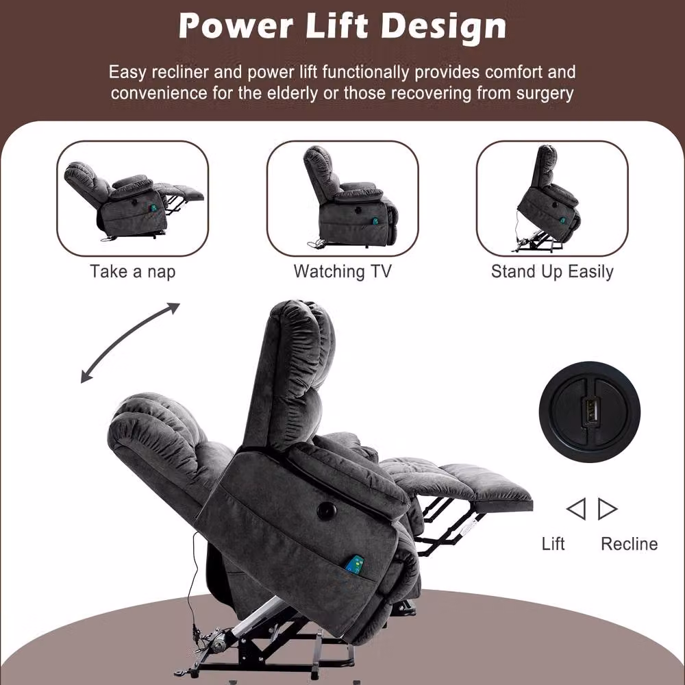 Merax Grey Fabric Power Lift Recliner Chair with 8-Point Massage, Lumbar Heat and USB – 5