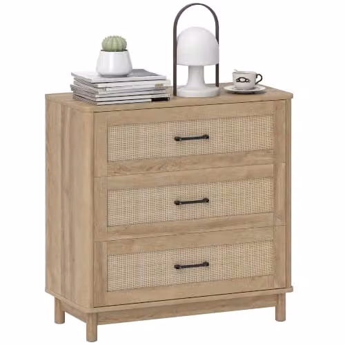 HOMCOM Bohemian Rattan 3 Drawer Chest of Drawers in Oak Brown – 1