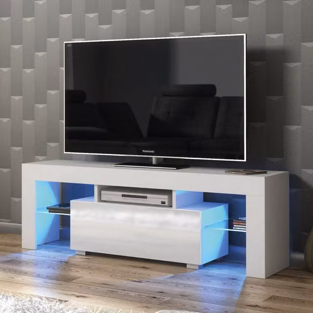 Creative Furniture Floe TV Unit in White with Glossy Doors and LED Lights, W: 130 cm, H: 45 cm, D: 35 cm – 1