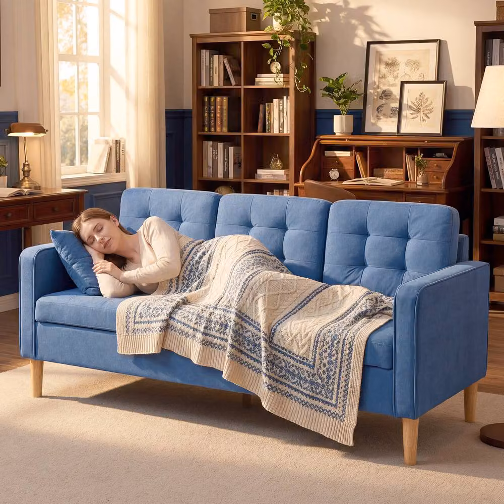 STILVORA Blue Fabric Upholstered Sofa with Solid Wood Frame and Hidden Storage – 7