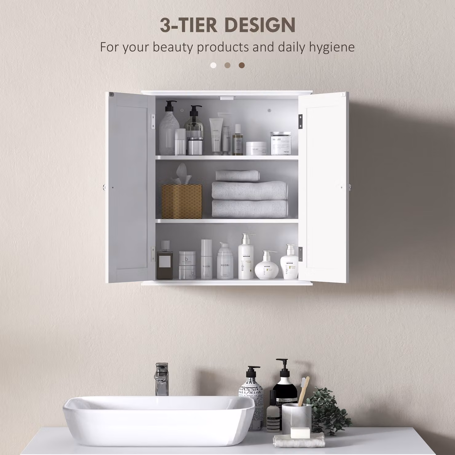 HOMCOM Modern White Wall-Mounted Bathroom Storage Cabinet with Hinged Doors and Internal Shelves – 3