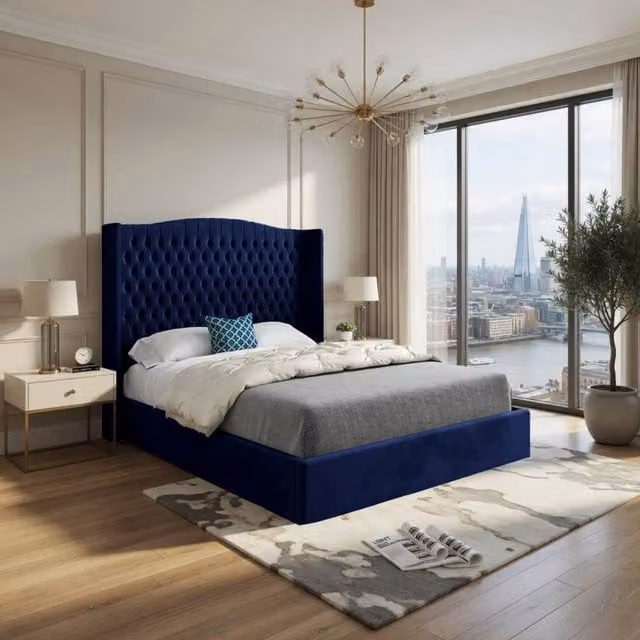 KDMD Stockport Winged Upholstered Blue Soft Velvet Designer Bed Frame, W/D/H: 200 x 137 x 189 cm – 1