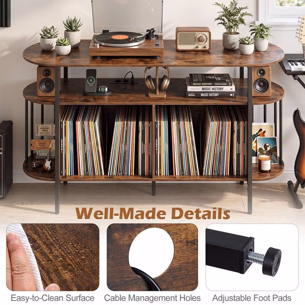 Gymax 3-Tier Brown Vinyl Cabinet and Record Player Stand with Integrated Lighting and Media Compartments – 5